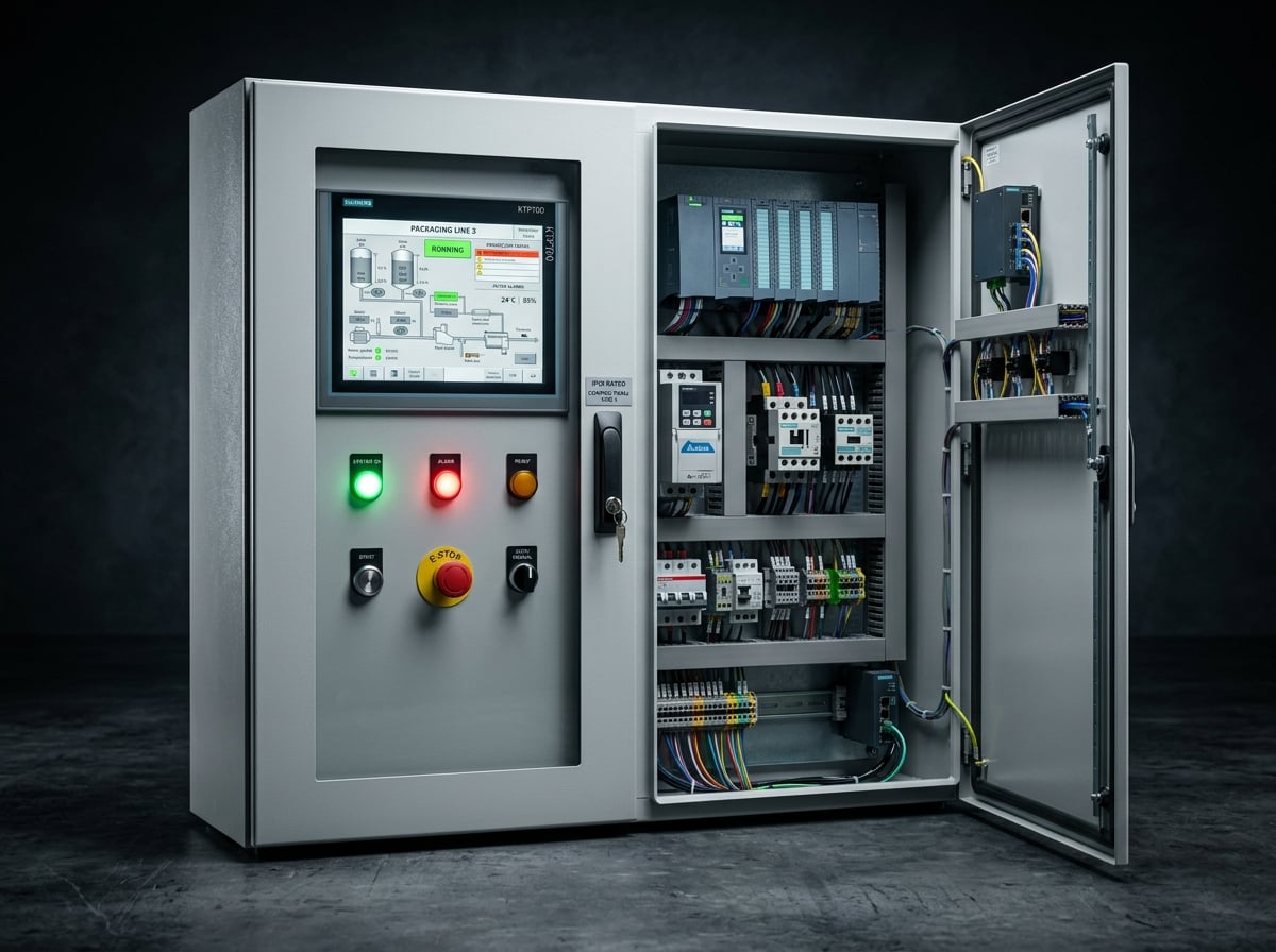 PLC HMI control panel with the door open, showing PLC, contactors and wiring